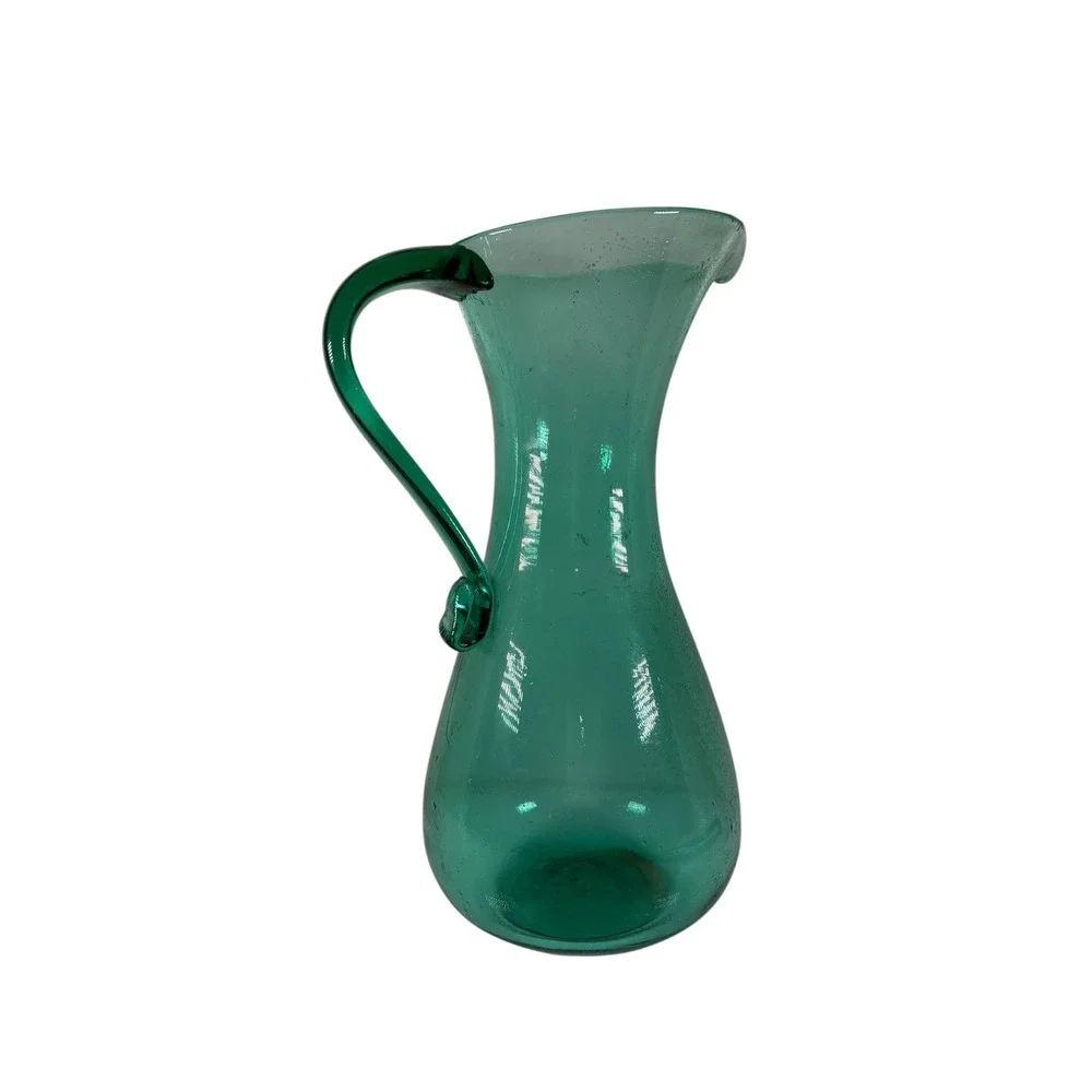Unbranded Glass Pitcher Unisex 12.5in Teal Green Excellent Hand Blown Seeded MCM